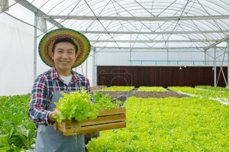 Photo for Thai Asian farmer holding wood basket in hydroponic vegetable farm. - Royalty Free Image
