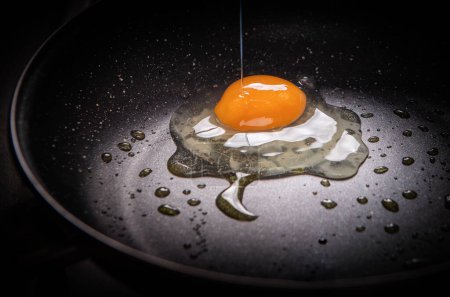 Frying egg with oil in a black cast-iron pan, isolated on black