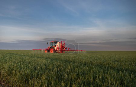 Foto de Tractor rociando pesticidas sobre un campo verde - Imagen libre de derechos