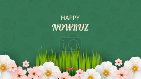 Postcard with Novruz holiday. Novruz Bayram background template. Spring flowers, painted eggs and wheat germ. Festive banner. Vector