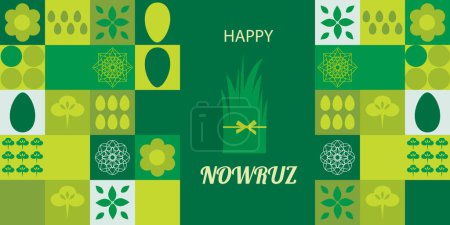 Illustration for Postcard with Novruz holiday. Novruz Bayram background template. Spring flowers, painted eggs and wheat germ. Geometric mosaic. Festive banner. Vector - Royalty Free Image