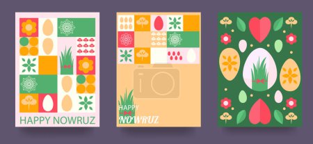 Illustration for A set of postcards with the Novruz holiday. Novruz Bayram background template. Spring flowers, painted eggs and wheat germ. Geometric mosaic. Vector illustration - Royalty Free Image