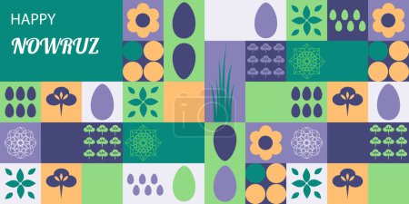 Illustration for Postcard with Novruz holiday. Novruz Bayram background template. Spring flowers, painted eggs and wheat germ. Geometric mosaic. Festive banner. Vector illustration - Royalty Free Image