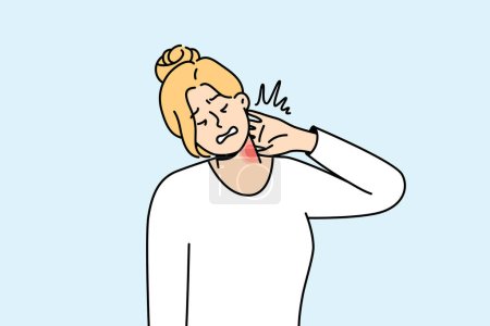 Une jeune femme malsaine souffre de douleurs au cou après un travail sédentaire. Malaise fille lutte contre les maux de dos ou les spasmes. Concept de soins de santé. Illustration vectorielle. 