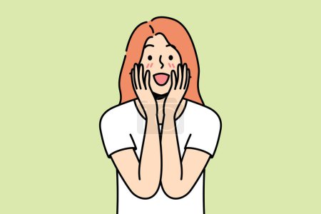 Happy young woman feel excited with good unbelievable news. Smiling girl surprised with unexpected message or notification. Vector illustration. 