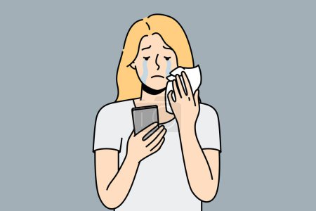 Illustration for Stressed young woman look at cellphone screen crying. Unhappy girl suffer from bad message or breakup notice on smartphone. Vector illustration. - Royalty Free Image