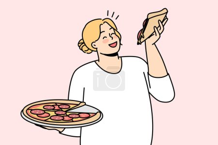 Illustration for Happy overweight woman with pizza in hands enjoy fast food. Smiling fat female eating Italian food. Body positive. Vector illustration. - Royalty Free Image