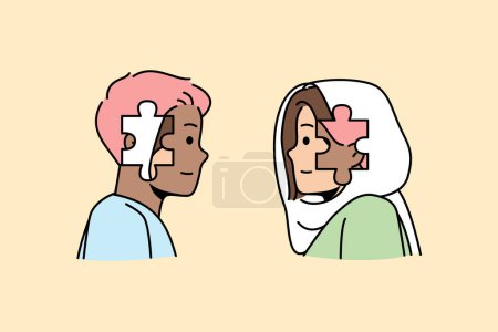 Multicultural woman, man trying to understand to each other. Multiracial guy, girl have different mentality, habits, lifestyle, values, education. Awareness, diversity. Vector outline illustration.