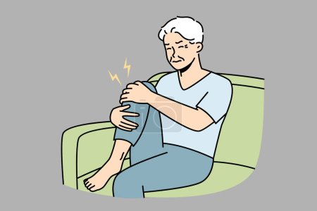 Illustration for Unhealthy old man sit on couch suffer from knee pain. Unwell sick elderly grandfather struggle with rheumatism. Vector illustration. - Royalty Free Image