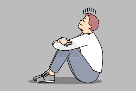 Un joven infeliz sentado en el suelo sufre de soledad y pensamientos repetitivos. Estresado lucha masculina con la depresión o la ansiedad. Ilustración vectorial. 