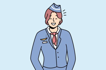 Portrait of smiling young female stewardess in uniform. Happy woman flight attendant feeling optimistic and positive. Occupation. Vector illustration. 
