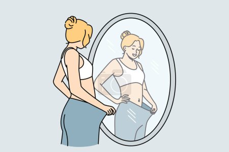 Illustration for Happy young woman look in mirror see loose big trousers lose weight with sport and diet. Smiling satisfied girl weightloss journey. Vector illustration. - Royalty Free Image