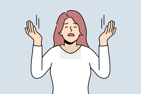 Illustration for Young woman with hands raised up praying. Religious spiritual female ask for forgiveness. Faith and religion. Vector illustration. - Royalty Free Image