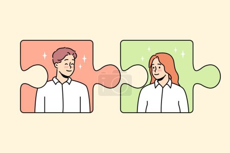 Illustration for Jigsaw puzzles with man and woman connecting. Concept of couple connection and relationships. Love and affection. Vector illustration. - Royalty Free Image