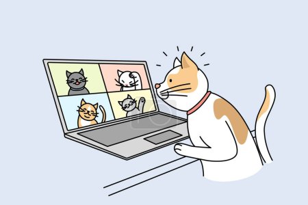 Ilustración de Lindo gato hablar en videollamada con gatos en el ordenador. Mascotas tienen webcam conversación en el ordenador portátil con gatitos. Concepto tecnológico. Ilustración vectorial. - Imagen libre de derechos