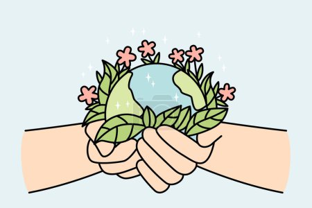 Person hands holding planet earth with blooming flowers. Activist or volunteer take care of environment. Nature protection concept. Vector illustration. 