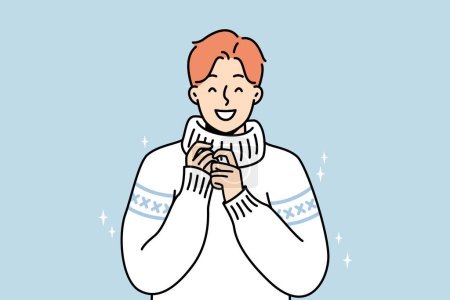 Illustration for Portrait of smiling young man in knitwear. Happy millennial guy in fashionable knit sweater. Winter wear and fashion. Vector illustration. - Royalty Free Image
