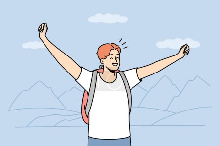 Illustration for Happy young man with backpack stand on mountain peak with arms raised. Smiling guy feel excited with travel or nature tourism. Vector illustration. - Royalty Free Image