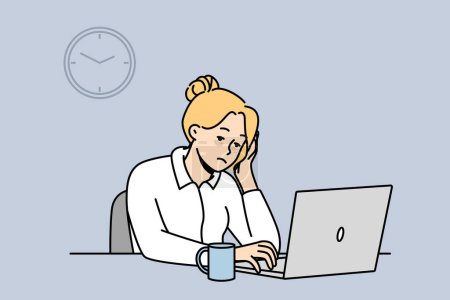 Photo for Exhausted female employee sit at office desk work on computer feel sleepy and overwhelmed. Tied woman worker feeling burnout at workplace. Fatigue. Vector illustration. - Royalty Free Image