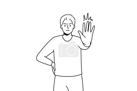 Illustration for Decisive young man show no hand gesture. Serious male demonstrate stop sign. Nonverbal communication and body language. Vector illustration. - Royalty Free Image