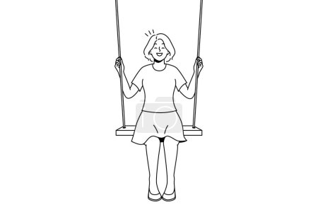 Illustration for Smiling young woman sit on swing in clouds dreaming. Happy girl swaying on tilt in sky. Dreamer and visualization. Vector illustration. - Royalty Free Image