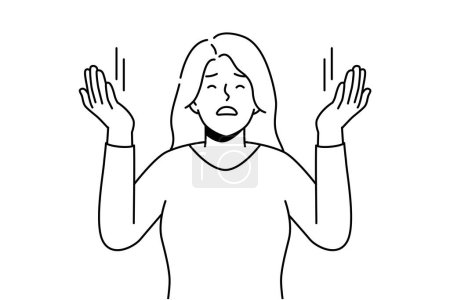 Illustration for Young woman with hands raised up praying. Religious spiritual female ask for forgiveness. Faith and religion. Vector illustration. - Royalty Free Image