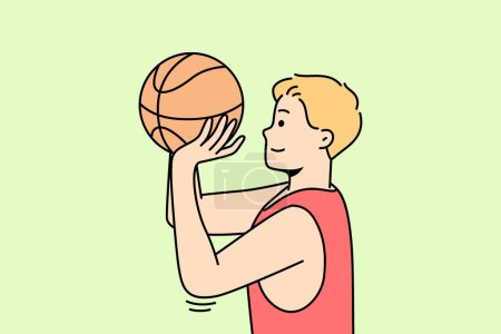 Illustration for Boy throws ball into hoop or through net. Guy playing basketball or volleyball on court. Basketballer, hoopster, player trying to hit into rim. Sportsman practices drills. Young man training. - Royalty Free Image
