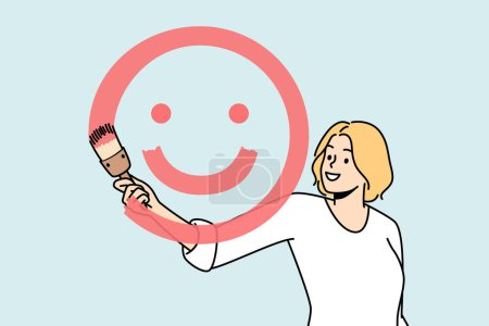 Illustration for Girl paints smiling face with brush and red paint on glass in front of her. Blonde young woman spreading positive vibes, emotions. Painter have fun. Optimistic lady. Dont worry, be happy vector. - Royalty Free Image