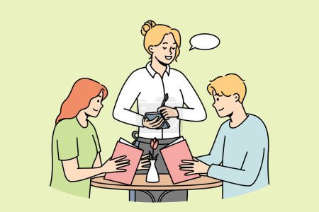 Waitress takes order from young couple in restaurant. Guy and girl choose food, drinks in cafe. Man, woman spend time in coffeehouse. Speech bubble. Vector thin line colored illustration.