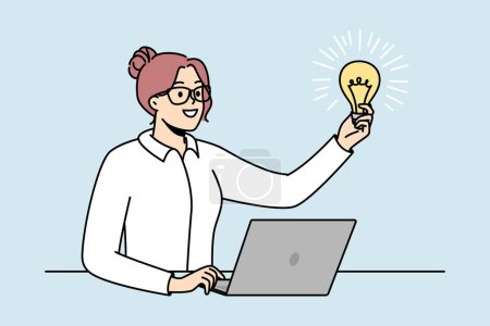 Illustration for Businesswoman in glasses holds lit light bulb in front of her as symbol of inspiring idea, motivation, source of energy. Talented girl works at computer. Vector minimalistic design isolated on blue. - Royalty Free Image