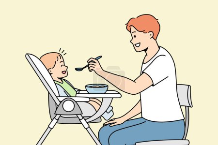 Illustration for Young dad feeds baby sitting in highchair from spoon. Happy fatherhood. Man gives food to his little son. Love in family, care for toddler. Vector contour line colorful illustration. - Royalty Free Image