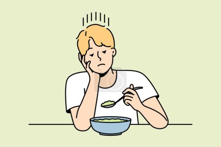 Guy without appetite looks at lean soup or salad made from vegetables. Man follows diet prescribed by doctor. Boy sadly eating vegetarian dish. Vector contour line colorful isolated illustration.