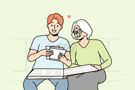 Illustration for Elderly woman and her son are looking at old photos in photobook. Grandmother tells her grandson about relatives, events in pictures in photograph album. Vector thin line colored illustration. - Royalty Free Image