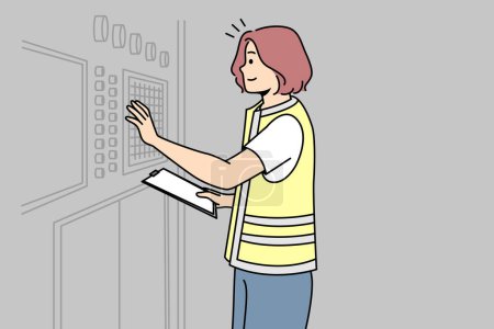 Illustration for Girl in uniform adjusts industrial equipment on control panel with buttons in factory. Woman worker checks settings, current state, performance at plant. Vector thin line colored illustration. - Royalty Free Image