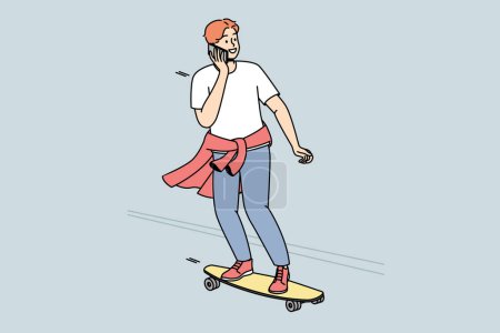 Téléchargez les illustrations : Le gars roule sur le skateboard en bas de la rue et parle sur son portable en même temps. Garçon pratique le skateboard en plein air. Adolescent se déplace sur la route sur longboard, chats sur smartphone. Graphiques vectoriels en couleur. - en licence libre de droit
