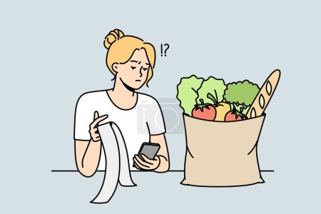 Illustration for Girl checks purchase bill after supermarket shopping, surprised by high prices. Woman looks disappointed at grocery store receipt. Inflation, limited budget. Vector contour line colorful illustration. - Royalty Free Image