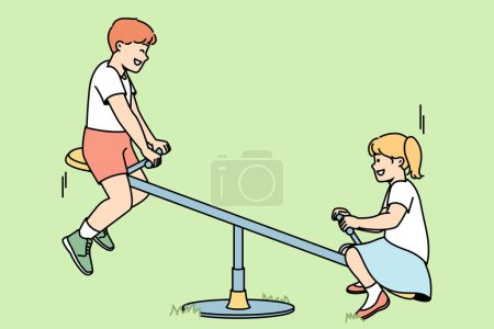 Illustration for Children ride on teeter-totter at playground in summer. Boy, girl playing at seesaw at street lawn. Kids have fun outdoor. Vector contour line colorful illustration isolated on green background. - Royalty Free Image