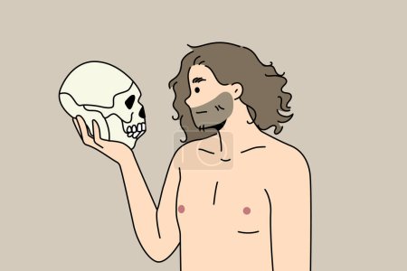 Téléchargez les illustrations : Homme néandertalien tenant dans les bras parlant au crâne de l'ancêtre. Homme préhistorique avec la tête humaine antique casse-tête dans les mains. Illustration vectorielle. - en licence libre de droit