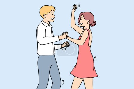 Smiling man and woman dancing together having fun. Happy couple perform at dance competition. Hobby and occupation. Vector illustration.