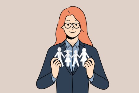 Illustration for Smiling female social worker holding family paper model in hands. Happy woman help with problems for parents and children. Aid and assistance. Vector illustration. - Royalty Free Image