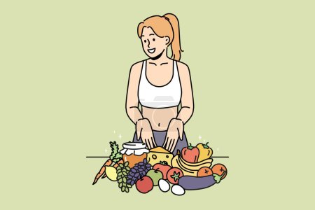 Mujer joven sonriente en ropa deportiva recomiendan una alimentación saludable. Chica feliz mostrar productos orgánicos dan recomendación de dieta. Nutrición. Ilustración vectorial. 