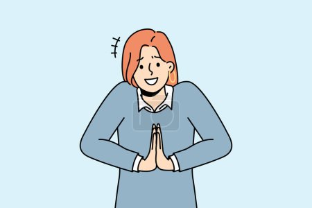 Ilustración de Jovencita sonriente cogida de la mano en oración pidiendo favor. La mujer milenaria ruega a alguien amabilidad o servicio. Ilustración vectorial. - Imagen libre de derechos
