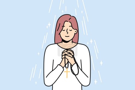 Illustration for Young woman with rosary in hands praying. Religious superstitious girl with beads talk to God ask about good fate. Religion and faith. Vector illustration. - Royalty Free Image
