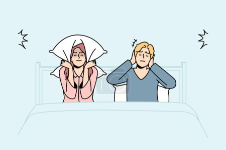 Illustration for Unhappy couple in bed suffer from excessive noise unable to sleep. Upset distressed man and woman struggle with noisy neighbors. Vector illustration. - Royalty Free Image
