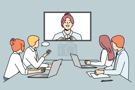 Smiling businesswoman talk on video call with colleagues in office. Businesspeople have web conference in boardroom. Digital communication. Vector illustration. 