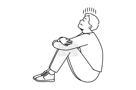 Ilustración de Un joven infeliz sentado en el suelo sufre de soledad y pensamientos repetitivos. Estresado lucha masculina con la depresión o la ansiedad. Ilustración vectorial. - Imagen libre de derechos