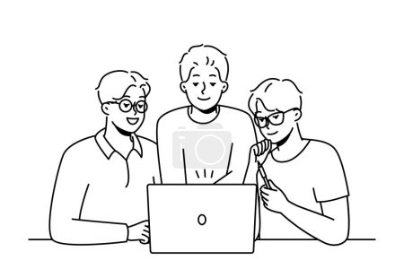 Téléchargez les illustrations : Des collègues masculins souriants regardent ensemble le remue-méninges sur écran d'ordinateur. Des collègues heureux coopèrent en travaillant sur un ordinateur portable sur le lieu de travail. Travail d'équipe. Illustration vectorielle. - en licence libre de droit