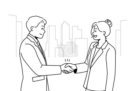 Ilustración de Smiling business people handshake saludo familiarizarse. Socios de negocios felices estrechan las manos cerrar trato o hacer un acuerdo. Ilustración vectorial. - Imagen libre de derechos