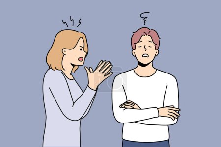 Illustration for Angry young woman lecture annoyed man engaged in family misunderstanding. Mad wife scold bothered unhappy husband. Breakup and fight. Vector illustration. - Royalty Free Image