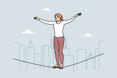Young woman equilibrist walking on rope in air. Female walker engaged in extreme sportive physical activity. Hobby concept. Vector illustration.